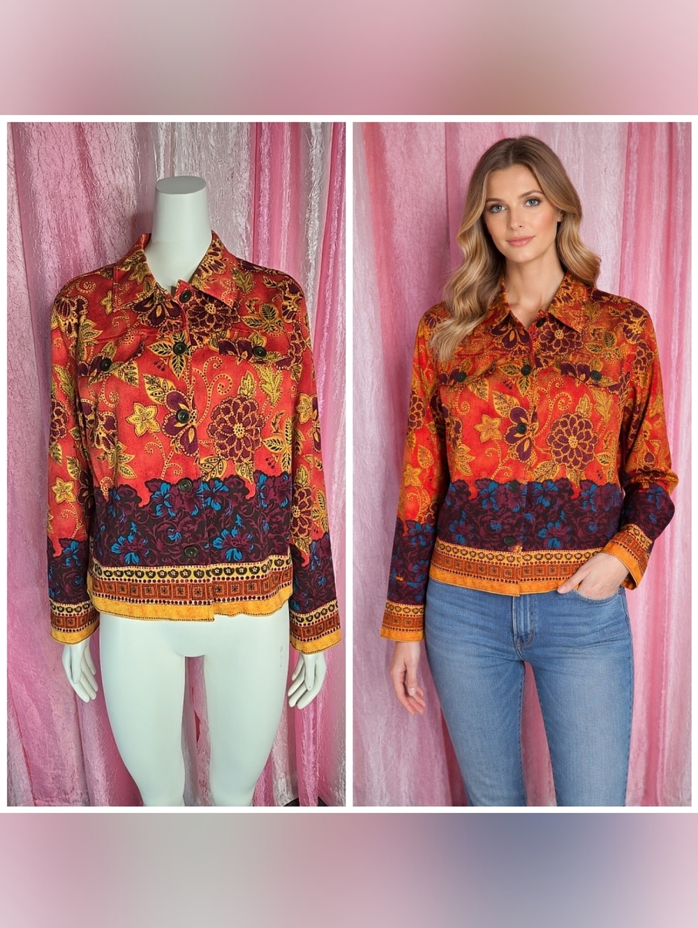 Coldwater Creek Colorful Floral Festival Artsy Lined Cropped Blazer Size Medium
